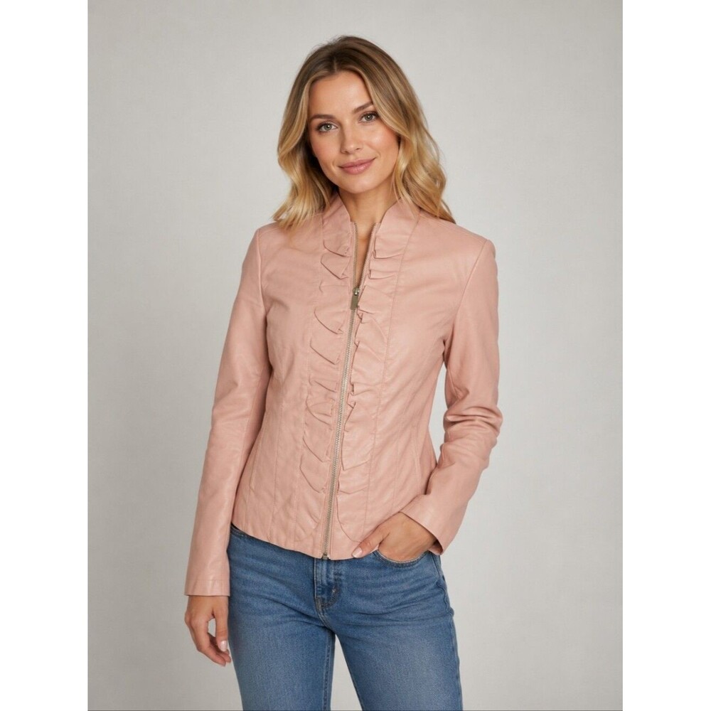 Baccini Since 1978 Pale Pink Faux Leather Zip Front W/ Ruffle Jacket, S